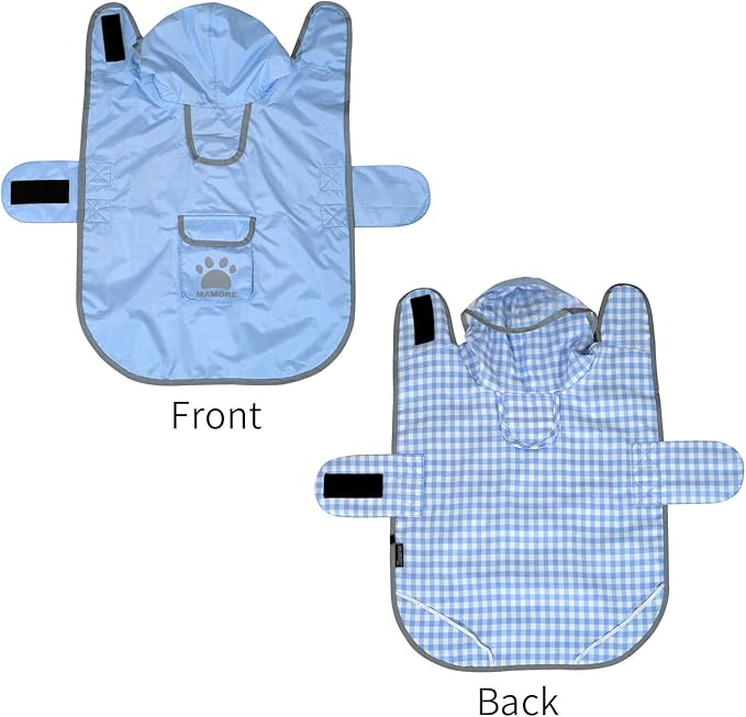 MAMORE Dog Raincoat Reversible,Waterproof Dog Rain Coat Hooded Slicker Poncho with Reflective Strip, Plaid Double Layer Rain Jacket for Small Medium Large Dogs (Light Blue, Large)