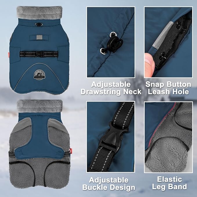 KYEESE Waterproof Dog Coat, Windproof Pet Jacket with Thick Fleece Lining, Extra Warm High Collar Dog Coats for Medium to Large Dogs with Leash Hole and Reflective Strips, Navy Blue, XX-Large
