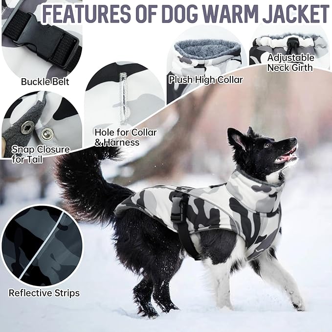 DENTRUN Large Dog Coat - Thick Fleece Lined Reflective Winter Jacket, Snap Closure & Leash Hole, Warm Thick Fleece Lined, Plush Turtleneck Vest for German Shepherd, White Camo, XXL