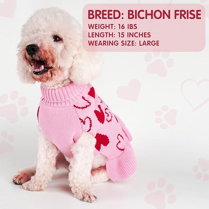 cyeollo Small Dog Sweater Dress Valentines Day Dog Clothes Pullover Turtleneck with Leash Hole Heart Pattern Holiday Theme Female Pet Apparel