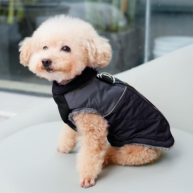 Warm Fleece Dog Coats for Small Dogs,D-Rings Waterproof Puppy Jacket for Cold Winter,Black XS