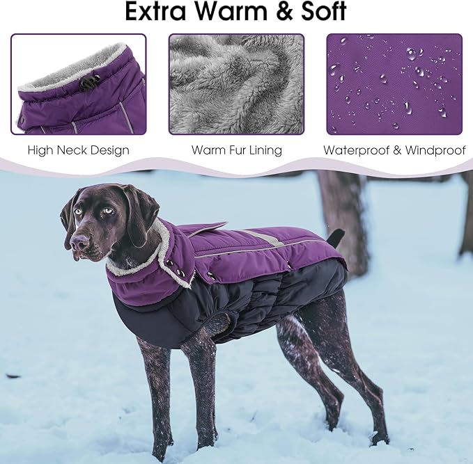 Queenmore Waterproof Dog Coat for Small Dogs,Reflective Windproof Dog Jackets with Leash Hole,Winter Dogs Coat with Zipper On Back,Warm Snowsuit with Fleece Lining（Purple,XS
