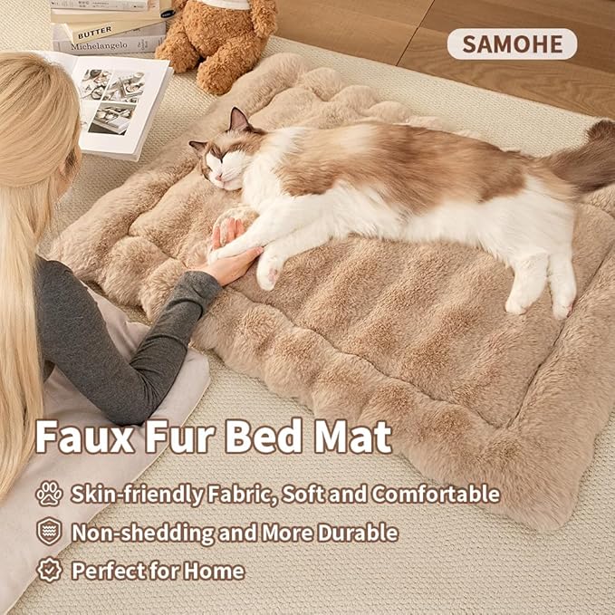 Cat Beds for Indoor Cats Faux Fur Pet Pad Mat Plush Kitten Bed with Non-Slip Bottom for Carriers/Couch Dog & Puppy Friendly 35 x 27 Inch X-Large Coffee