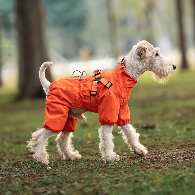 Mile High Life Waterproof Dog Raincoat, Full Coverage Small Dog Rain Coat with Harness, Adjustable 4 Legs Puppy Rain Jacket with Reflective Strip and Elastic Cuffs (Orange, L Back Length 16.1")