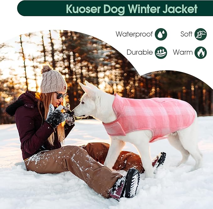 Kuoser Dog Winter Coat, Reversible Dog Jacket, Warm Doggie Coat British Style Puppy Cold Weather Coats, Windproof Pet Clothes for Extra Large Dogs Pink XXXL