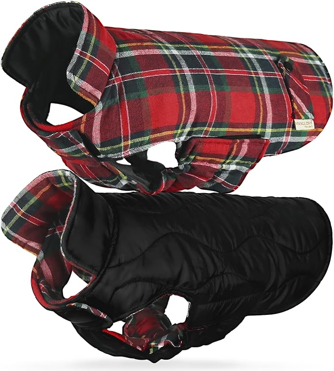 VIVAGLORY Softjoy Dog Coat, Dog Jacket for Winter & Christmas, Coat with Harness Hole & Velcro Closure, Reversible Plaid Checkered Warm Fluffy Heavy Duty for Puppy, S, Red