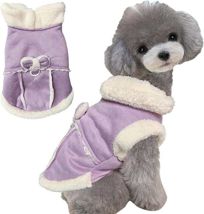Jecikelon Bowtie Dog Cold Weather Coat Fleece Lining Warm Pet Puppy Turtleneck Dogs Winter Clothes for Small Dogs with D-Ring (Purple, Large)