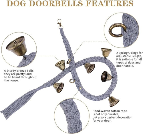 2 Pack Dog Bells for Door Potty Training, Handwoven Cotton Rope Dog Doorbell with 6 Extra Loud Bells, Adjustable Dog Door Bells for Small Medium Large Dogs to Ring to Go Outside, Grey