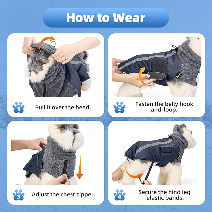 SlowTon Winter Dog Coat, Warm Polar Fleece Lining Doggie Outdoor Jacket with Turtleneck Scarf Reflective Stripe Adjustable Waterproof Windproof Puppy Vest Soft Pet Outfits (XXL,Dark Blue)
