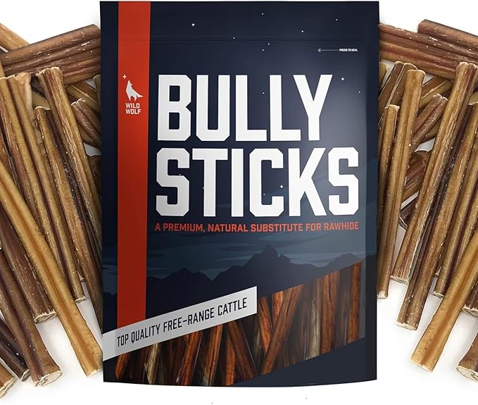 Wild Wolf 6-inch Angus Bully Sticks (8 Ounces) Healthy, All-Natural, Long-Lasting Dog Chew Bones - Low Odor - Mixed Thickness - Lab-Tested, Hand-Inspected and Packed with Love in The USA