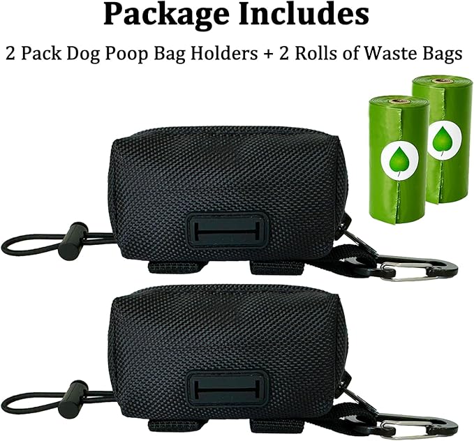 Dog Poop Bag Holder (2 Pack) Poop Bag Holder for Leash Attachment, Doggie Pet Waste Bag Dispenser, Puppy Potty Carrier Small Doggy Zipper Pouch with Carabiner Clip, Black