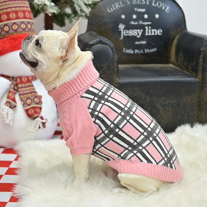 SCENEREAL Turtleneck Dog Sweater for Small Medium Large Dogs Girls Boys, Christmas Plaid Pullover Puppy Sweatershirt, Dogs Cold Weather Outfit Clothes, Ideal Gift for Pet in New Year, Pink Plaid S