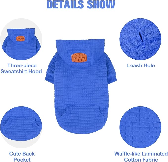 BEAUTYZOO Small Dog Hoodie Sweater with Pockets, Dog Clothes for Small Medium Dogs Boy Girl, Waffle-like Laminated Cotton Pet Coats with Hat and Leash Hole, All Weather Coat for Puppy Doggie Chihuahua