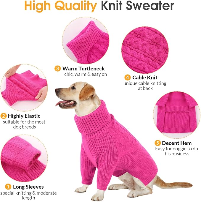 Queenmore Large Dog Sweater, Dog Sweaters for Large Dogs Girl or Boy, Large Dog Christmas Sweater, Winter Puppy Doggie Sweatshirt Knitwear, Pet Chunky Warm Coat for Small Medium Size Dogs, Fuchsia L
