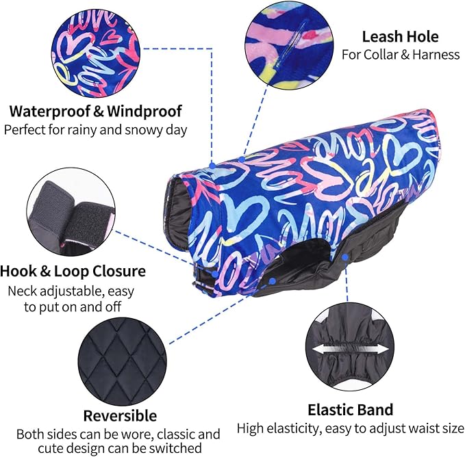 CuteBone Winter Reversible Dog Jacket with Leash Hole: Waterproof Windproof Soft Coats for Small Medium Large Dogs