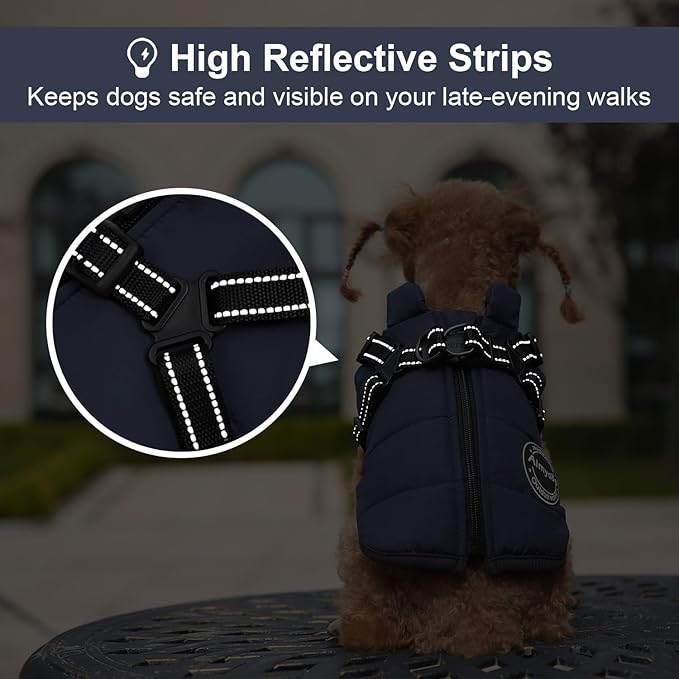 Warm Coat for Dogs, Fashion Sports Jacket with Built-in Harness, Adjustable Pet Vest - Waterproof and Reflection, Navy