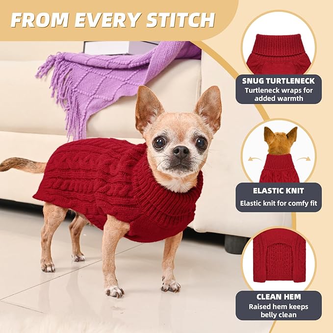 2 Pack Dog Sweaters for Small Dogs Turtleneck Pullover Cable Knit Puppy Stretch Clothes Chihuahua Yorkie Pomeranian Toy Poodle Boy Girl Pets Winter Doggie Clothes (S, Red & Brown)