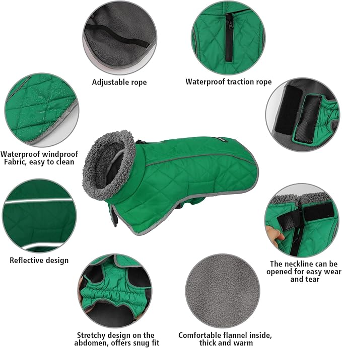 Fragralley Dog Coat Medium, Waterproof Dog Jacket with Warm Fleece Lining, Adjustable Reflective Dogs Winter Coat, Turtleneck Pet Coats for Cold Weather (Green M)