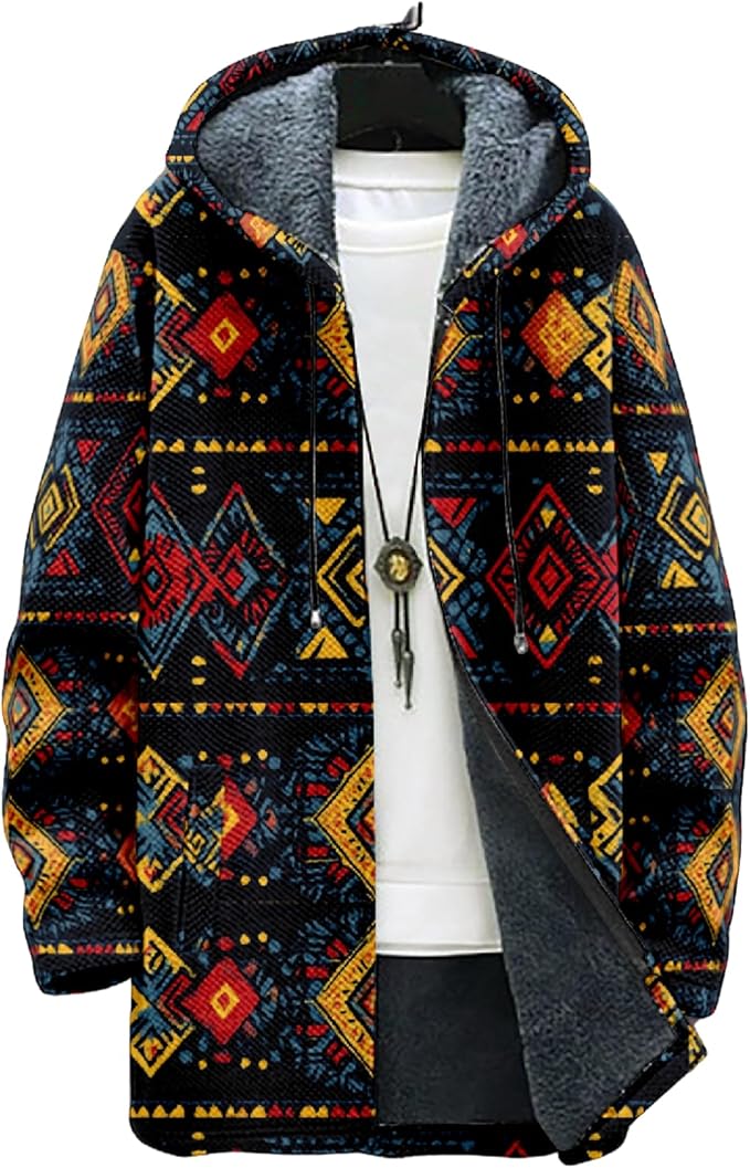 Mens Aztec Print Hoodie Heavyweight Cotton Fleece Jacket Zip Up Warm Long Sleeve Hooded Winter Midi Coat