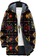 Mens Aztec Print Hoodie Heavyweight Cotton Fleece Jacket Zip Up Warm Long Sleeve Hooded Winter Midi Coat