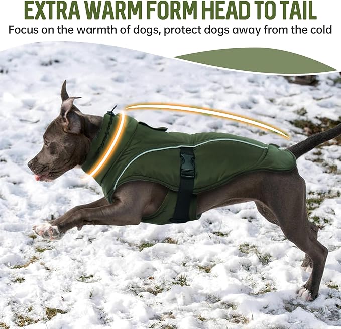 DENTRUN Large Dog Winter Coat - Windproof Reflective Warm Coat, Adjustable Neck & Snap Closure, Water Repellent Thick Fleece Vest, Fleece Lined for for Golden Retriever, Army Green, XL