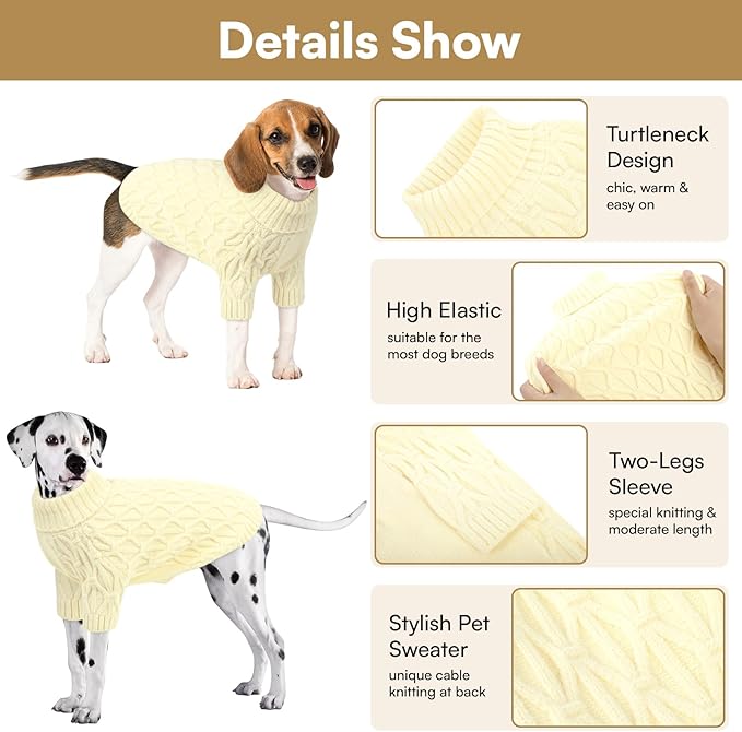 Queenmore Knitted XS Dog Sweater,Turtleneck Pullover Small Dog Sweater,Soft DogSweaters for Small Dogs Male Female,Pet Sweaters for Dogs,Thick Warm Pet Clothes for Teacup,Chihuahua（Beige,XS
