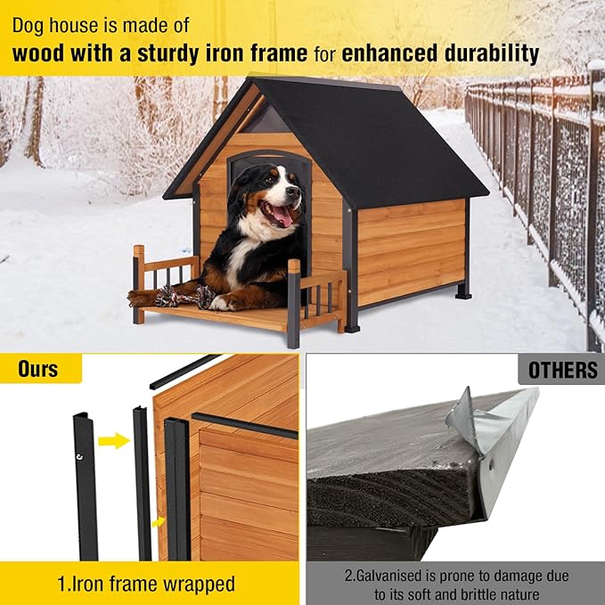 AIVITUVIN Heated Outdoor Dog House with Anti-Chewing Iron Surround Insulated Liner Dog Kennel for Large Breed Dog Shelter Weatherproof (Brown 50.9" D x 37.4" W x 37.2" H)