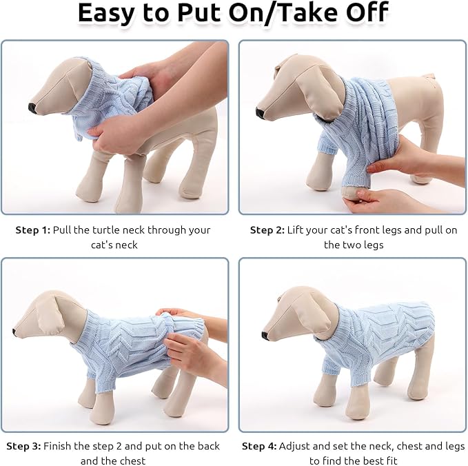 ASENKU Cat Sweater Soft Warm Puppy Clothes Knitwear for Kittens & Small Dogs, Thick Knitted Sweater for Sphynx Hairless Cats Teacup Chihuahua and Extra Small Dogs (Blue, L)