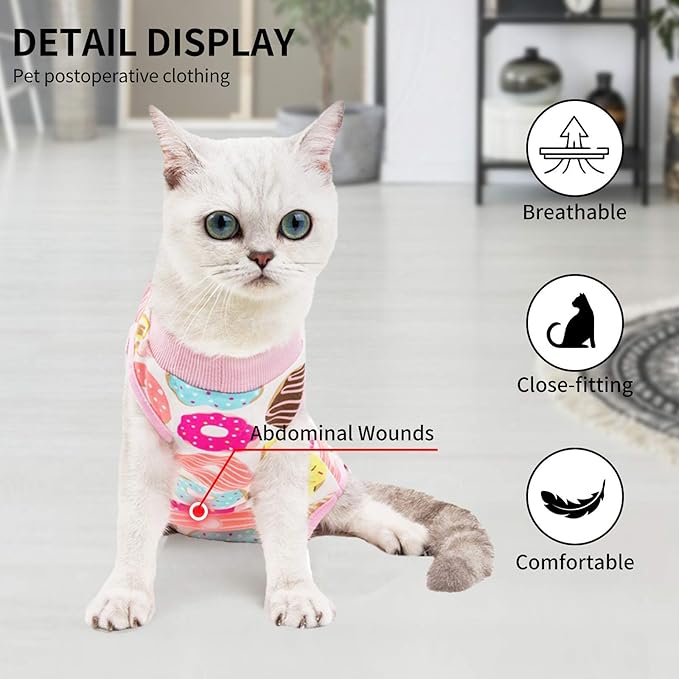 Cat Professional Surgical Recovery Suit,E-Collar Alternative for Cats Dogs,After Surgery Wear, Pajama Suit,Home Indoor Pets Clothing Doughnut L