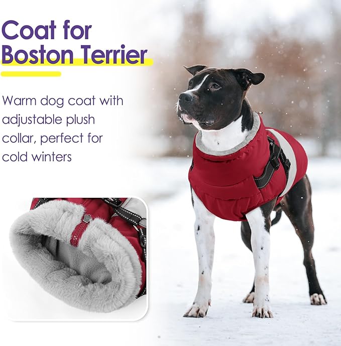 SUNFURA Dog Jacket, Large Dog Coat with Harness Built in, Warm Pet Winter Jacket Zippered Snow Coat with Furry Collar, Waterproof Fleece Snowsuit for French Bulldog, Burgundy L