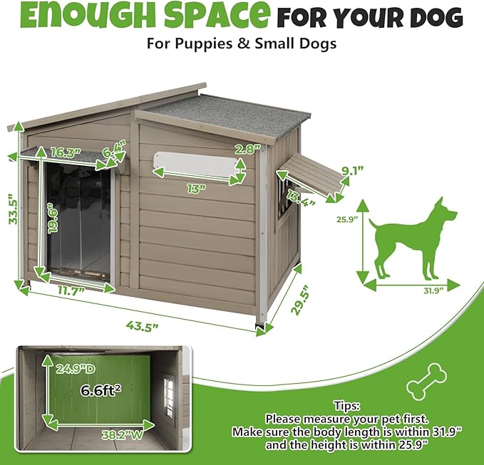 Large Outdoor Wooden Dog House, Weatherproof Dog Houses with Adjustable Vent Windows, Alloy Chew-Resistant Frame, Removable Floor for Medium & Large Dogs, (43.5" L x 29.5" W x 33.5" H)