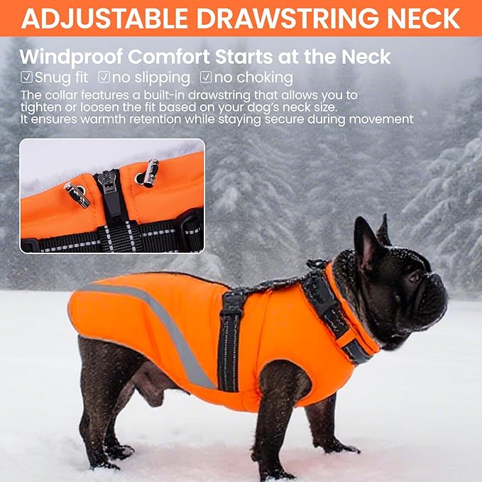 QBLEEV Dog Coat for Large Dogs, XL Dog Jacket for Winter Snow Waterproof with Built-in D-Ring Harness, Reflective Warm Thick Fleece Safety Vest, Cold Weather Snowsuit with Zip, Orange, XL