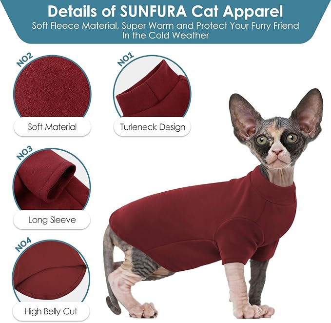 SUNFURA Turtleneck Sweater for Cat, Sphynx Hairless Cats Shirt Sweaters with Sleeves, Warm and Soft Kitten Pullover Fleece Winter Pajamas Jumpsuit for Puppy, Burgundy L