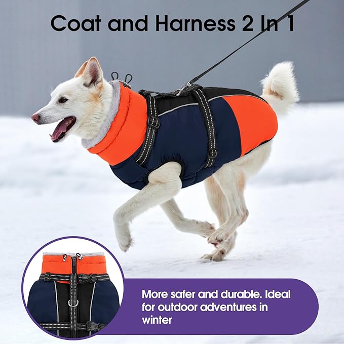SUNFURA Dog Coat, Warm Dog Jacket with Harness Built in, Waterproof Pet Winter Coat Snowsuit with Zipper, Reflective Fleece Jacket for Extra Large Dogs, Weimaraner, Blue XXL