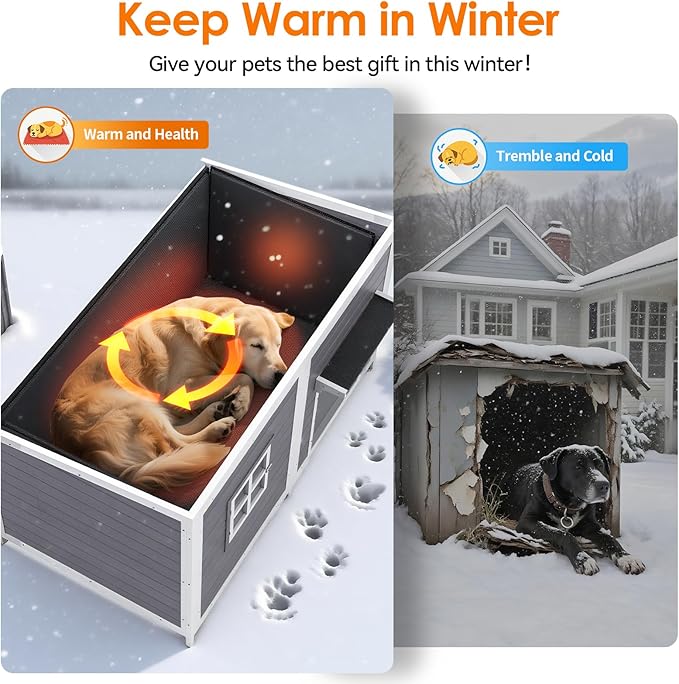 Outdoor Dog House with Insulated Liner, 59" Extra Large Breed Dog Kennel, Keep Warm in Winter Outside, Heated Anti-Chewing Metal Frame Design for Small Medium Large Dogs(Grey)