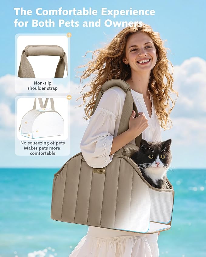 Pecute Dog Purse Carrier, Dog Carriers for Small Dogs with Cotton Soft Sided, Cat Carrier with Large Pockets, Comfortable Pet Carrier for Rabbit, Suitable for Travel, Subway, Veterinary, Khaki