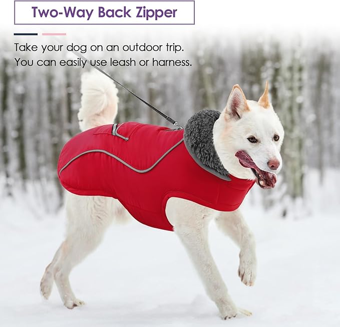 SUNFURA Small Dog Coat, Warm Dog Jacket with Zippered Leash Hole, Reflective Pet Winter Coat Fleece Jacket with Adjustable Furry Collar for Small Dogs Schnauzer, Yorkshire Terrier, Red S