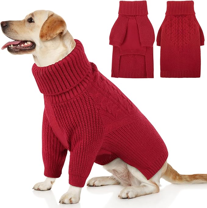 Queenmore XXL Dog Sweater, Dog Sweaters for Large Dogs Girl or Boy, Dog Christmas Sweaters XXL, Winter Big Dog Sweatshirt Knitwear, Pet Chunky Warm Coat for Small Medium Size Dogs, Red XXL