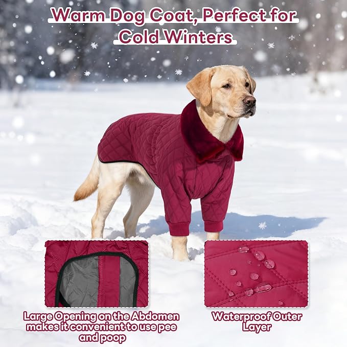 IDOMIK Dog Winter Coat for Large Dogs, Warm Dog Winter Jacket with Fleece High Collar, Zippered Cold Weather Coats for Dogs, Waterproof Doggy Snow Jacket Clothes,WineRed,XL