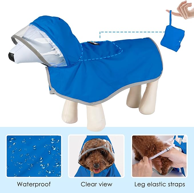 Lukovee Dog Raincoat, Adjustable Dog Rain Jacket with Clear Hooded Double Layer for Large Medium Small Dogs Puppies, Waterproof Rain Coat Poncho with Reflective Storage Pocket & Rim (Blue, XXL)