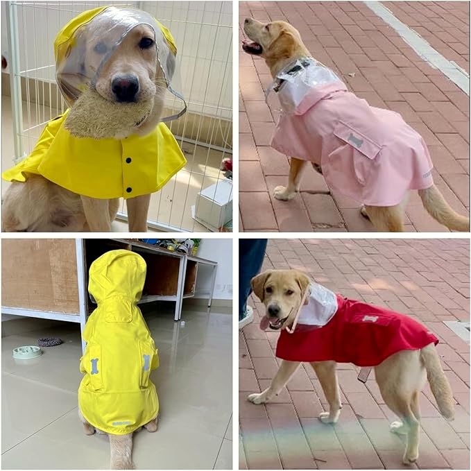 Dog Waterproof Raincoat with Poncho Hoodie, High Reflective Adjustable Yellow Pet Rain Jacket with Leash Hole for Small Medium and Large Dogs (Fluorescent Green, Large)