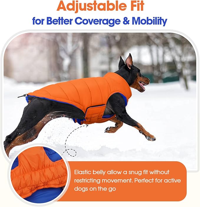 QBLEEV Reversible Dog Coat for Small Dogs, Waterproof Windproof Winter Jacket Keeps Small Breeds Warm & Dry, Lightweight Adjustable Puffer Vest with Leash Hole, Orange, XS – Fits Chihuahua, Yorkie
