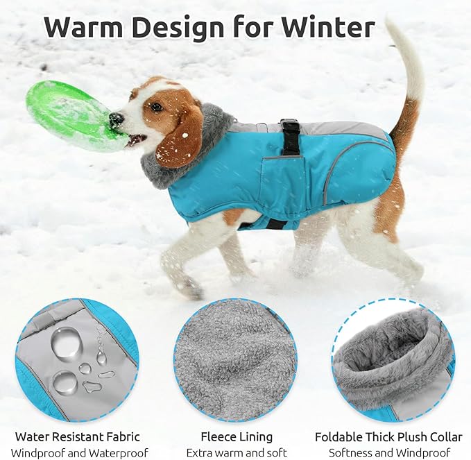 Queenmore Dog Cold Weather Coats, Fleece Collar Dog Apparel for Cold Weather, Pet Snowsuit, Cozy Winter Jackets for Large Breeds with Quick Release, Blue, XXL