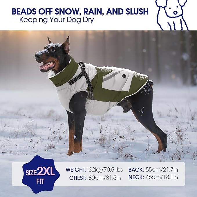 FUAMEY Dog Winter Jackets for Medium Dogs,Dog Coat with Harness Built in,Waterproof Dogs Snowsuits Warm Pet Jacket Zip Up Fleece Cold Weather Coats Reflective Puppy Vest with Pocket Green M