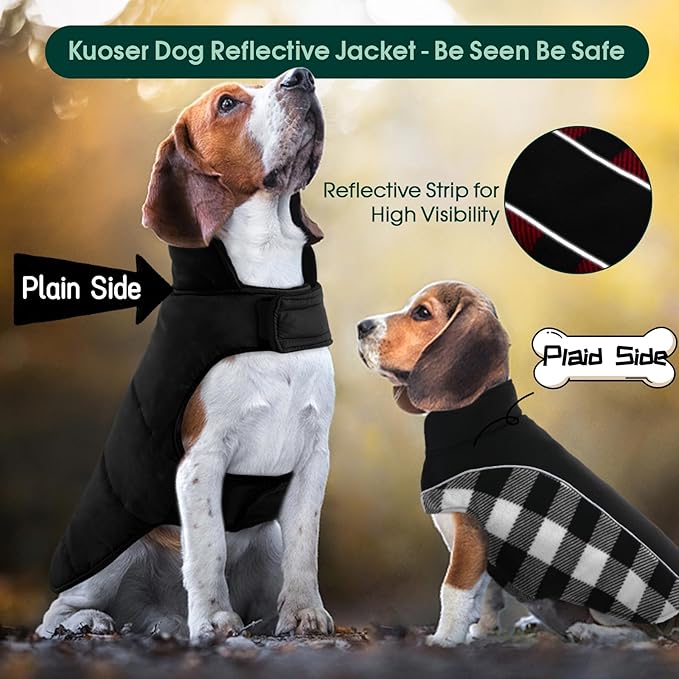 Kuoser Dog Winter Coat, Reversible Waterproof Dog Jacket with Reflective Strip, Warm Dogs Fleece Vest Adjustable Doggy Cold Weather Clothes Plaid Christmas Outfit Pet Apparel for Small Dogs, Black XS