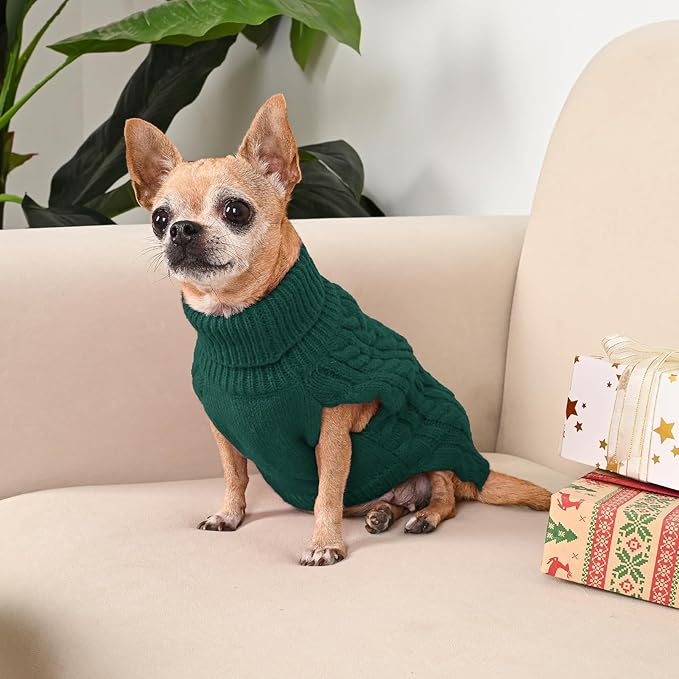 2 Pack Dog Sweaters for Small Dogs Turtleneck Pullover Cable Knit Puppy Stretch Clothes Chihuahua Yorkie Pomeranian Toy Poodle Boy Girl Pets Winter Doggie Clothes (S, Green & Brown)