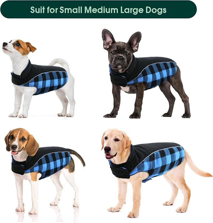 Kuoser Dog Winter Coat, Reversible Waterproof Dog Jacket with Reflective Strip, Warm Dogs Fleece Vest Adjustable Doggy Cold Weather Clothes Plaid Christmas Outfit Pet Apparel for Large Dogs, Blue 2XL
