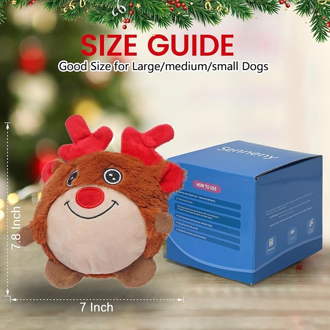 Senneny Christmas Dog Toys, Interactive Dog Toys Reindeer, Random Path Electric Automatic Moving and Rolling Dogs Toy, Motion-Activated Dog Ball with Plush Cover USB Rechargeable