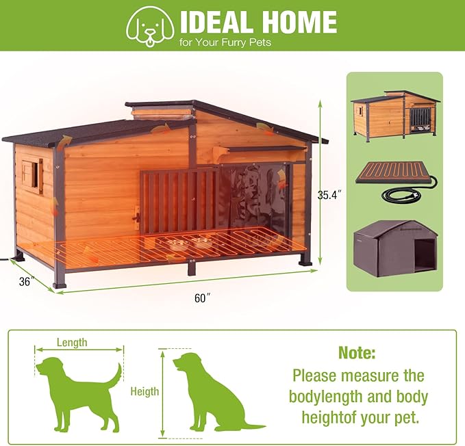 GUTINNEEN Extra Large Heated Dog House Insulated Dog Kennel Weatherproof Dog Shelter with Safe Heating Pad, Chew-Proof Metal Frame, Rotatable Spill-Proof Bowl for Large Dog Breeds, 60"L x 36"W x35.4"H