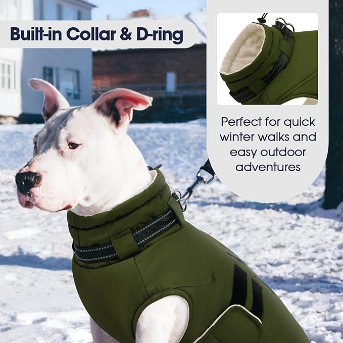 IECOii Small Dog Coat, Waterproof Dog Snow Jacket with Built in Collar, Thermal Fleece Lined for Cold Weather, Safety Reflective Dogs Winter Coat for Nighttime Walks, Easy On/Off, Army Green - M